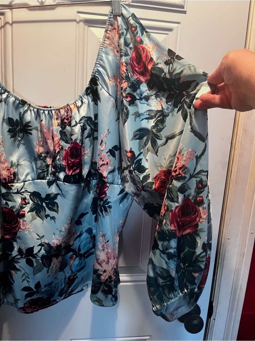Pinup Girl Clothing Powder Blue Satin Blouse with Rose Print - “Swan”
